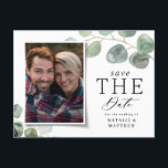 Modern script eucalyptus botanical photo wedding announcement postcard<br><div class="desc">Modern script eucalyptus botanical photo wedding save the date postcard. Stylish elegant modern design.</div>