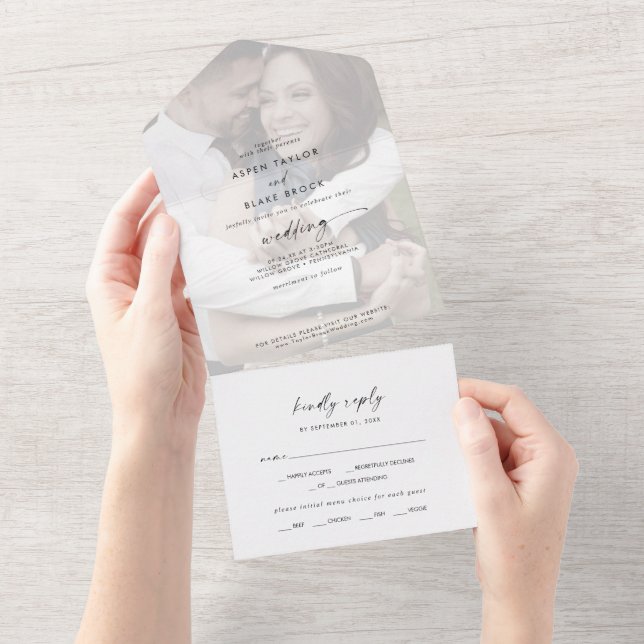 Modern Script Faded Photo Wedding All In One Invitation (Tearaway)