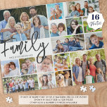 Modern Script FAMILY 16 Photo Collage Jigsaw Puzzle<br><div class="desc">Create a photo memory puzzle with the title FAMILY in a modern script typography and personalised with your family name in your choice of text and background colours (shown in grey on white). This easy-to-upload photo collage template has 16 pictures in various shapes and sizes. ASSISTANCE: For help with design...</div>