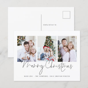 Modern Script Family 3 Photos Merry Christmas Postcard