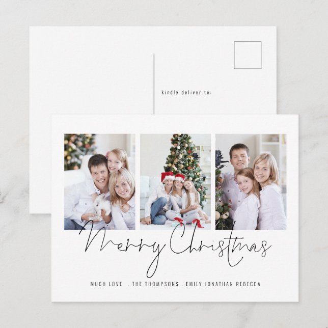 Modern Script Family 3 Photos Merry Christmas  Postcard (Front/Back)