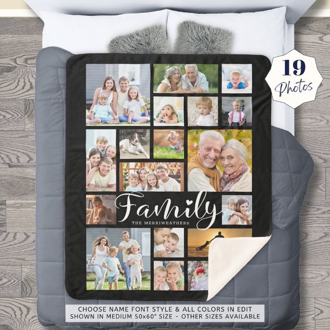Modern Script FAMILY Heart 19 Photo Collage Black Sherpa Blanket (Creator Uploaded)