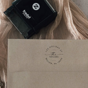 Modern Script Family Holiday Card Circular Address Self-inking Stamp