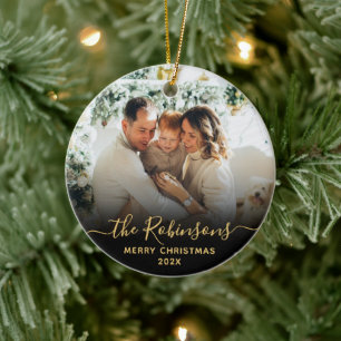 Modern Script Family Name Photo Merry Christmas   Ceramic Tree Decoration