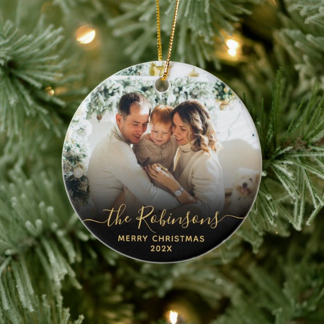 Modern Script Family Name Photo Merry Christmas   Ceramic Tree Decoration (Tree)