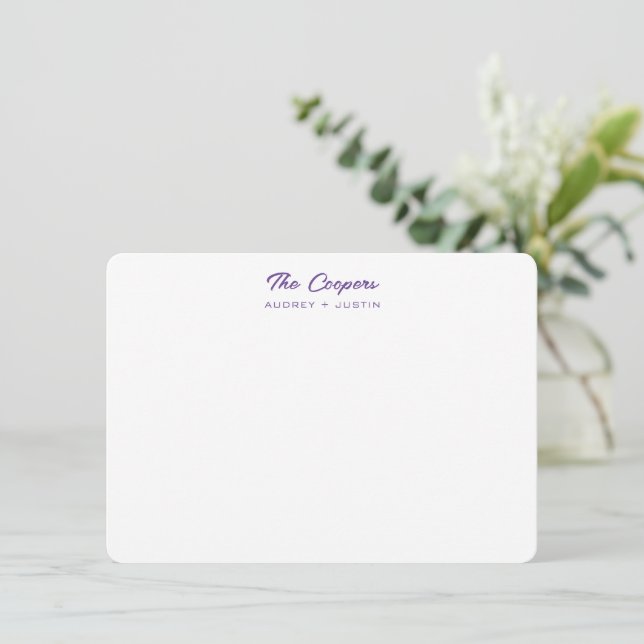 Modern Script Family Name Purple Personalised Flat Card (Standing Front)