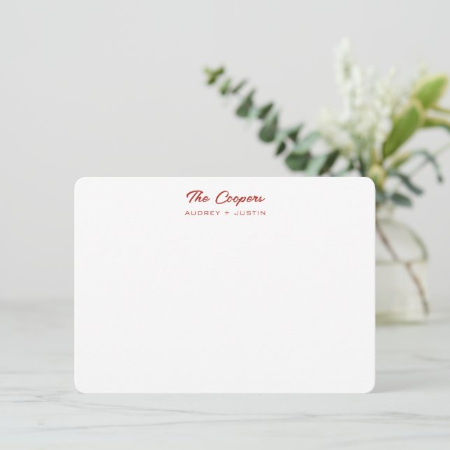 Modern Script Family Name, Red Personalised Flat Card (Standing Front)