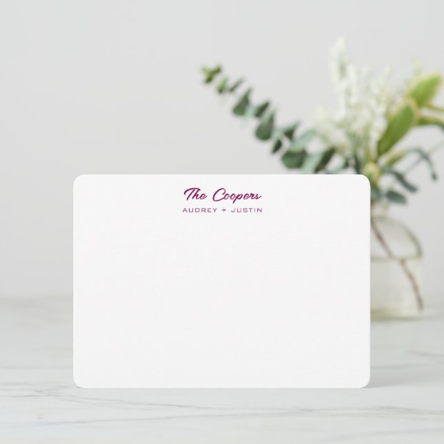 Modern Script Family Name, Wine Personalised Flat Card (Standing Front)