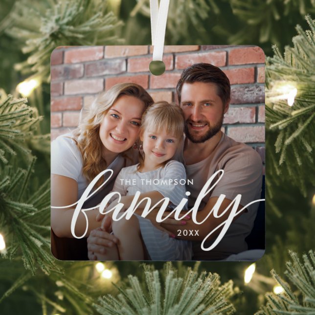 Modern Script Family Photo Christmas Personalized Metal Tree Decoration (Insitu)