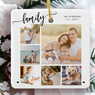 Modern script family photo collage white ceramic ornament