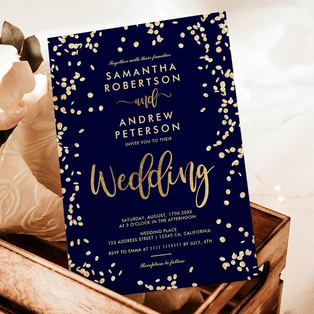 Modern script faux gold confetti navy blue wedding invitation (Modern script gold foil confetti navy blue wedding invitation)