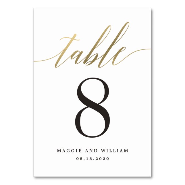 Modern Script Faux Gold Foil Table Number Card (Front)