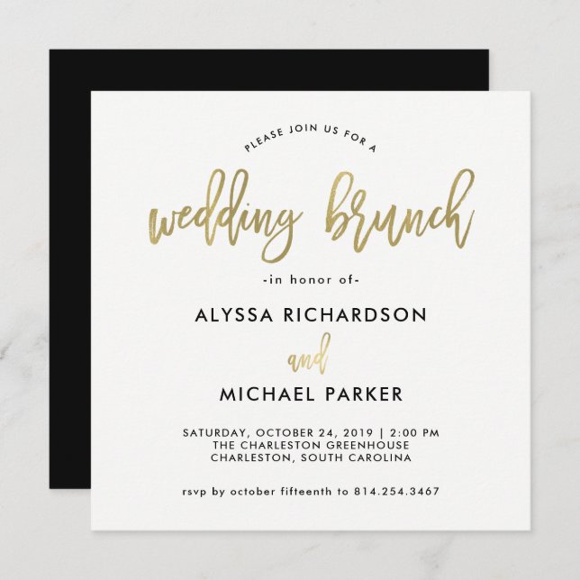 Modern Script | Faux Gold Wedding Brunch Invitation (Front/Back)