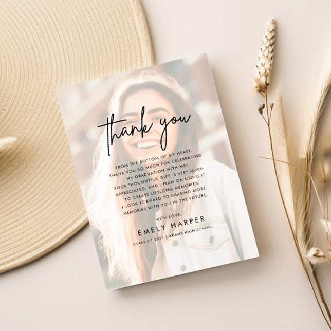 Modern Script Faux Vellum Overlay Photo Graduation Thank You Card (Creator Uploaded)