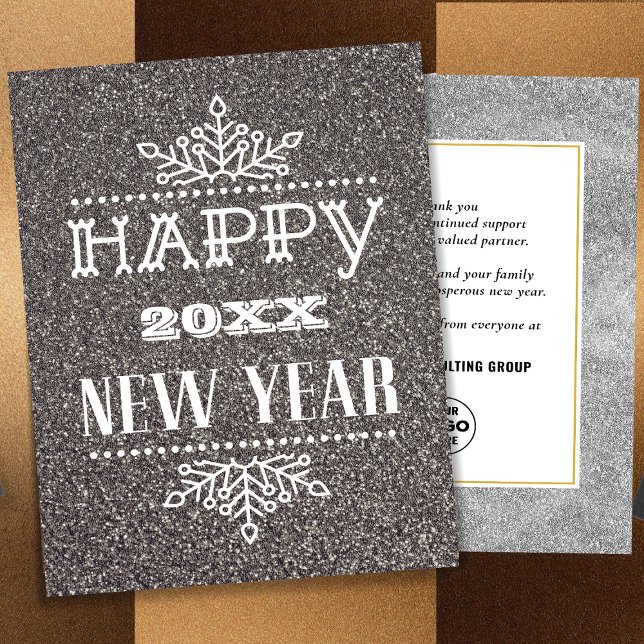 Modern Script Festive Silver Glitter Corporate Holiday Card (Creator Uploaded)
