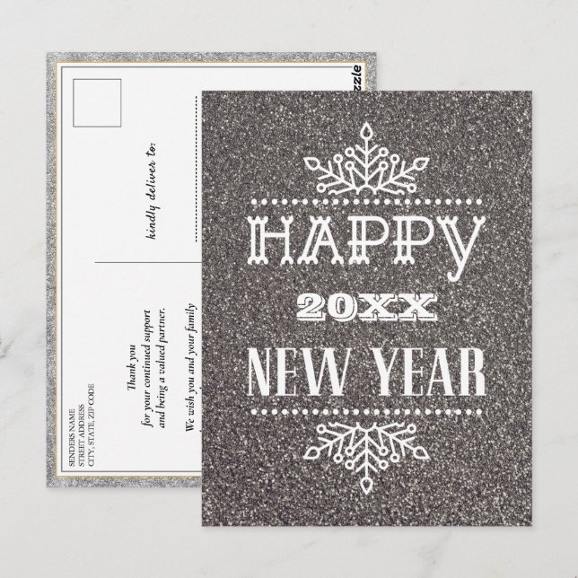 Modern Script Festive Silver Glitter Corporate Postcard (Front/Back)