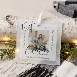 Modern Script First Christmas in New Home Photo Glass Tree Decoration