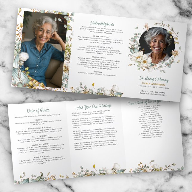 Modern Script Floral 2-Photo Funeral/Memorial Tri-Fold Programme (Creator Uploaded)