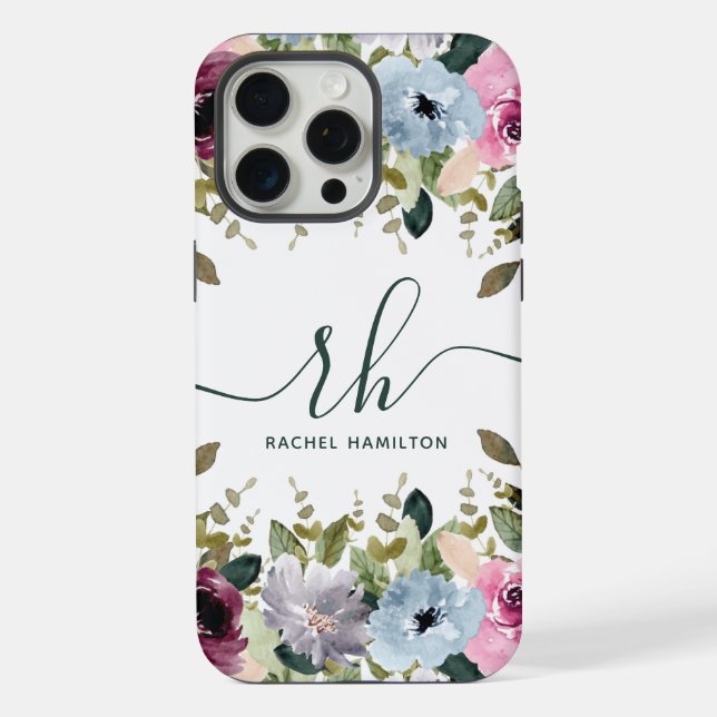 Modern Script Floral Blush Fancy Initials and Name iPhone Case (Back)