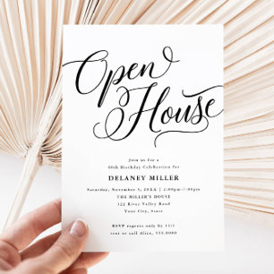 Modern Script Flourish, Black-Open House Party Invitation