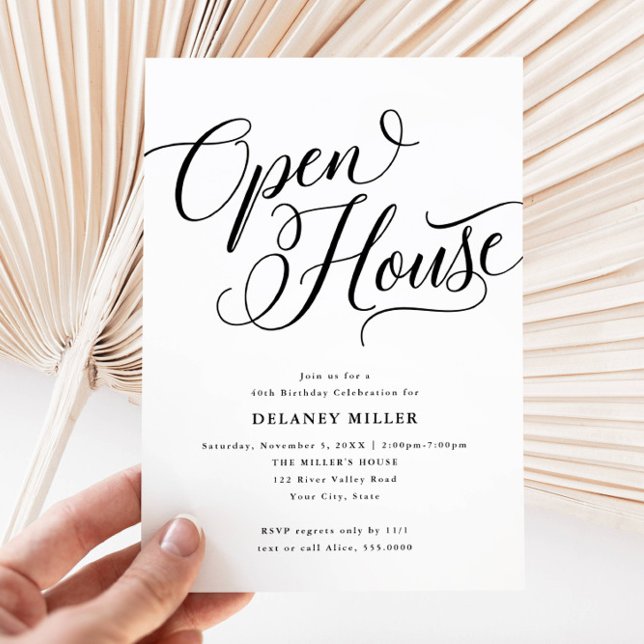 Modern Script Flourish, Black-Open House Party Invitation (Creator Uploaded)