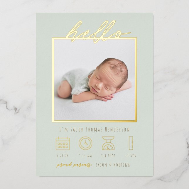 Modern Script  Foil Hello Baby Birth Announcement (Front)