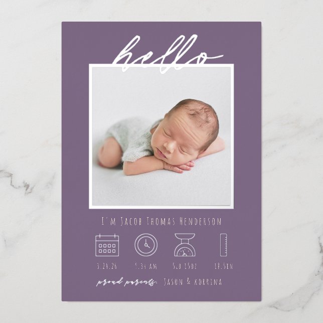 Modern Script  Foil Hello Baby Birth Announcement (Front)