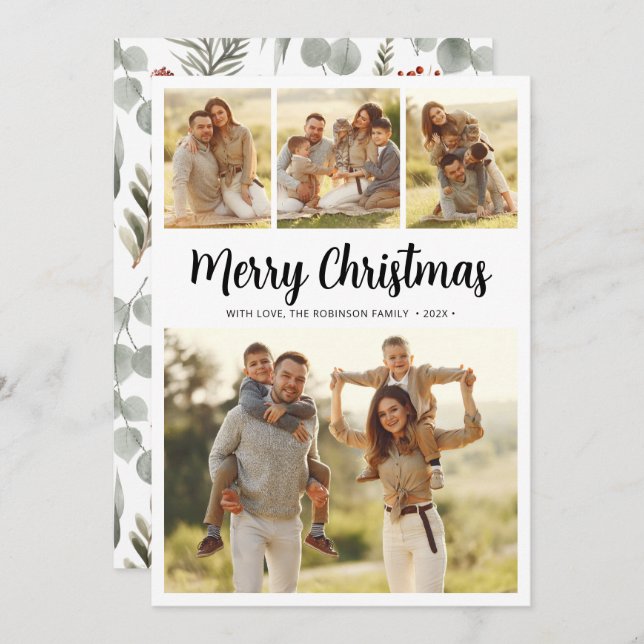 Modern Script Foliage 4 Multi Photo Christmas Holiday Card (Front/Back)