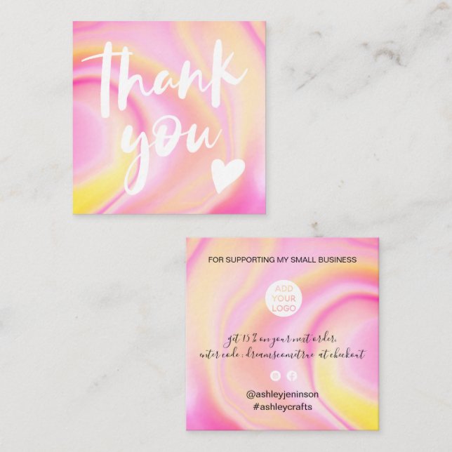 Modern script font rainbow marble bright thank you square business card (Front/Back)