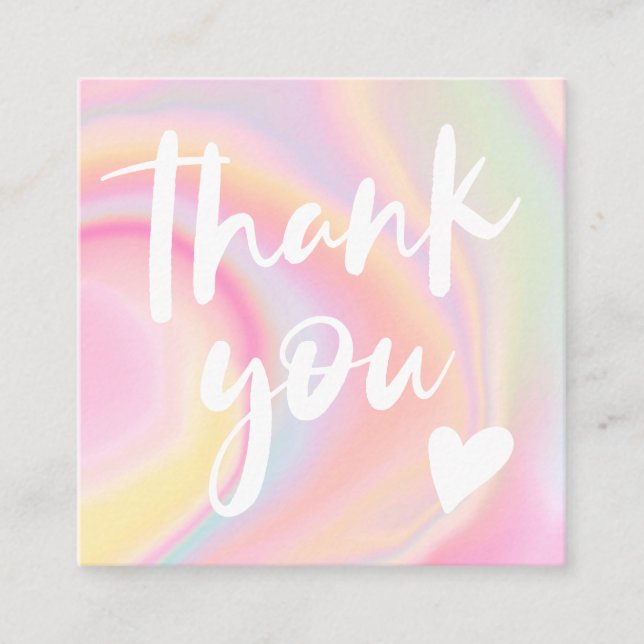 Modern script font rainbow marble pastel thank you square business card (Front)
