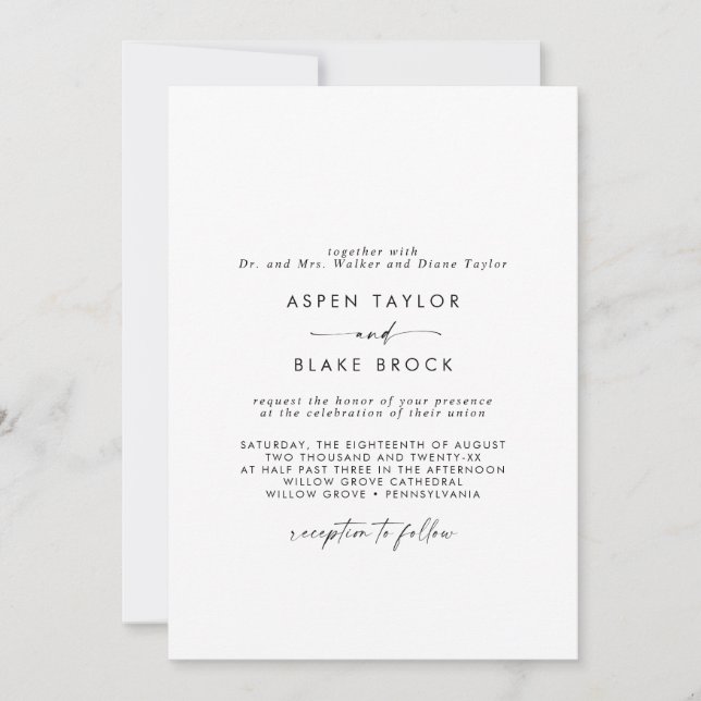 Modern Script Formal Couple & One Parents Wedding Invitation (Front)