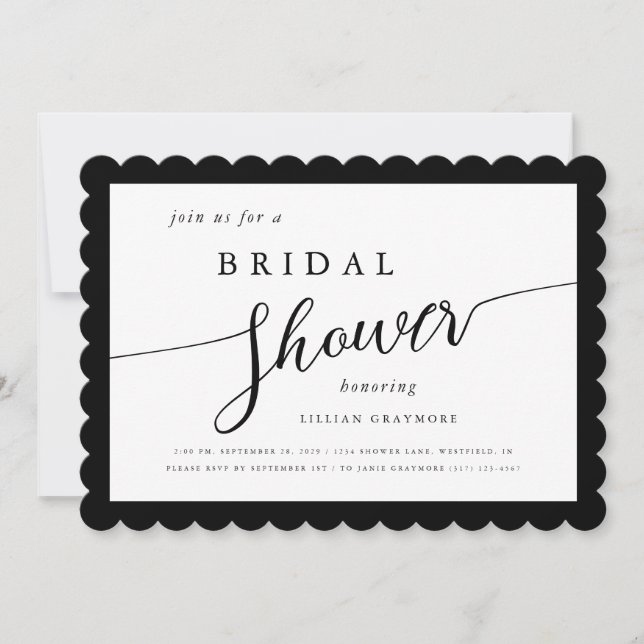 Modern Script Framed Black & White Bridal Shower Invitation (Front)