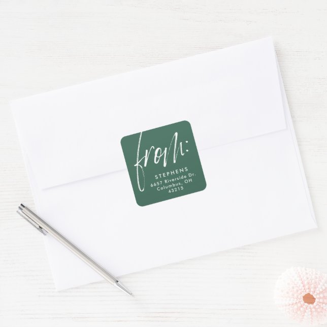 Modern script from simple green return address square sticker (Envelope)