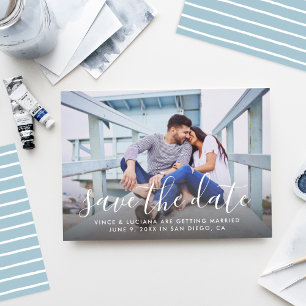 Modern Script Full Photo Wedding Blue Back Save The Date