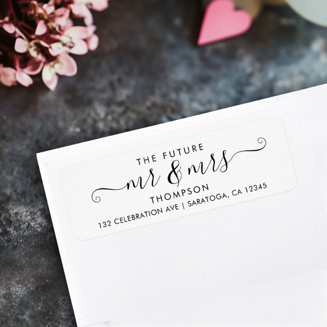 Modern Script Future MR and MRS Luxury Elegant (white address label on envelope reading "THE FUTURE Mr & Mrs" in a curly script)