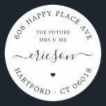 Modern Script Future Mrs Mr Return Address Wedding Classic Round Sticker<br><div class="desc">Simple, elegant round wedding or engagement return address labels in black and white featuring the phrase "The Future Mrs and Mr", the couples' return address, the family name in a modern calligraphy typeface with swirls and a small heart symbol. Easily add your name and address, and use this stylish, minimalist...</div>