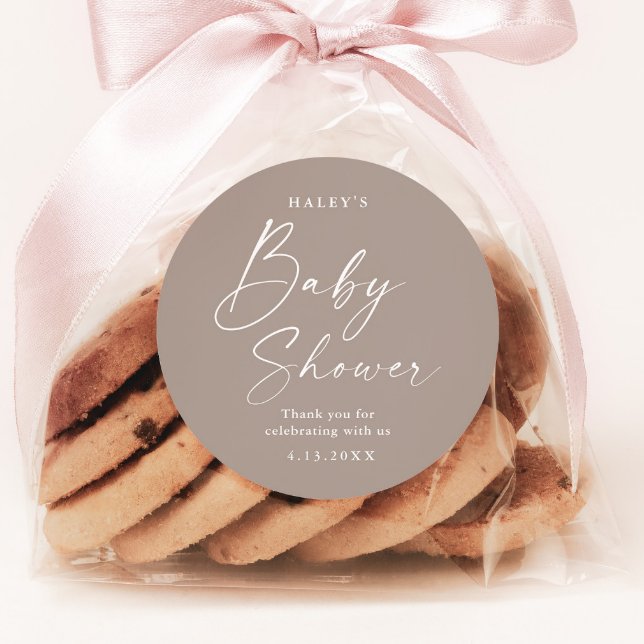 Modern Script Gender Neutral Baby Shower Classic Round Sticker (Modern Script Boho Gender Neutral Baby Shower Sticker.)