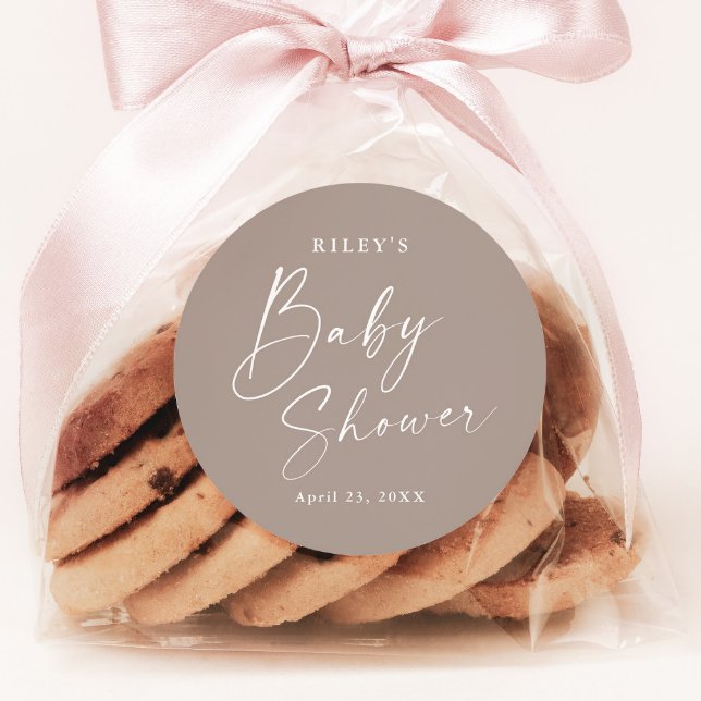 Modern Script Gender Neutral Baby Shower Classic Round Sticker (Modern Script Boho Baby Shower Sticker.)