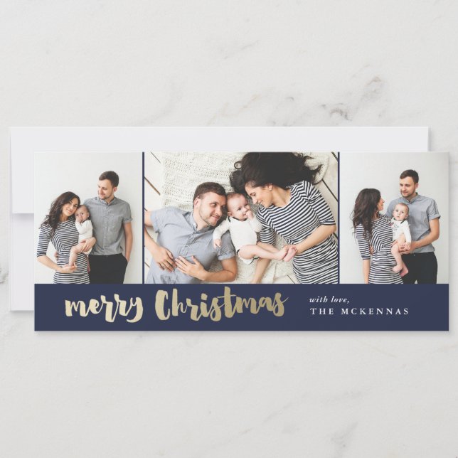 Modern Script Gold 3 Photo Merry Christmas  Holiday Card (Front)