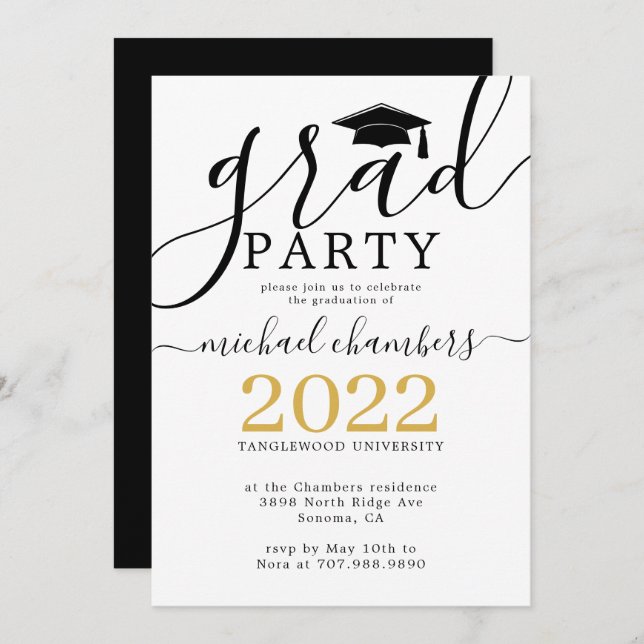 Modern Script Gold Black Graduation Party Invitation (Front/Back)