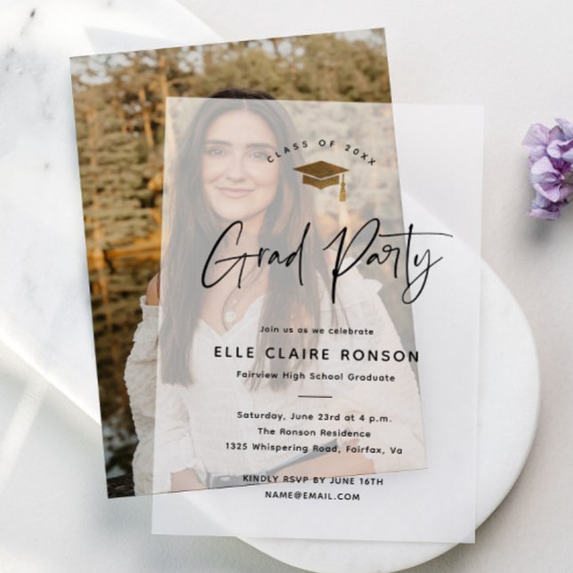 Modern Script Gold Cap Graduation Party Vellum Invitations (Modern script grad party vellum invitation with gold cap. Overlay for card photo card or use alone. )