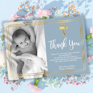 Modern Script Gold Cross Dusty Blue Baptism  Thank You Card