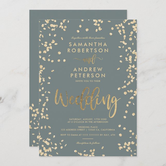 Modern script gold foil confetti grey wedding invitation (Front/Back)