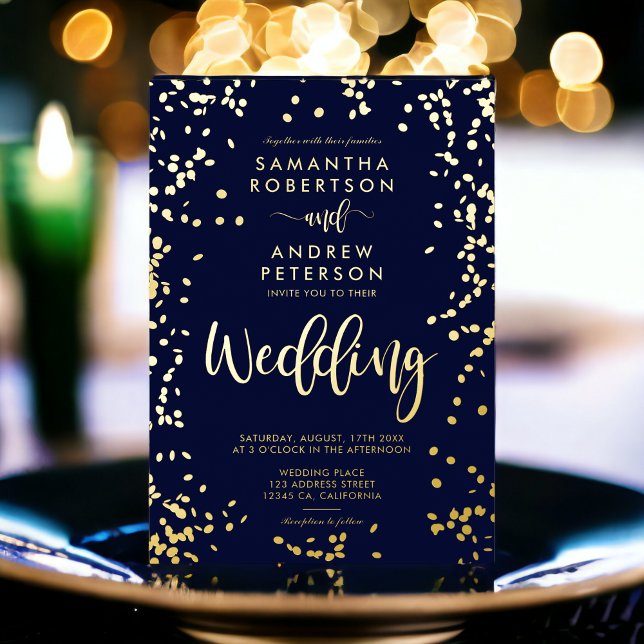 Modern script gold foil confetti navy blue wedding (Modern script gold foil confetti navy blue wedding foil invitation)