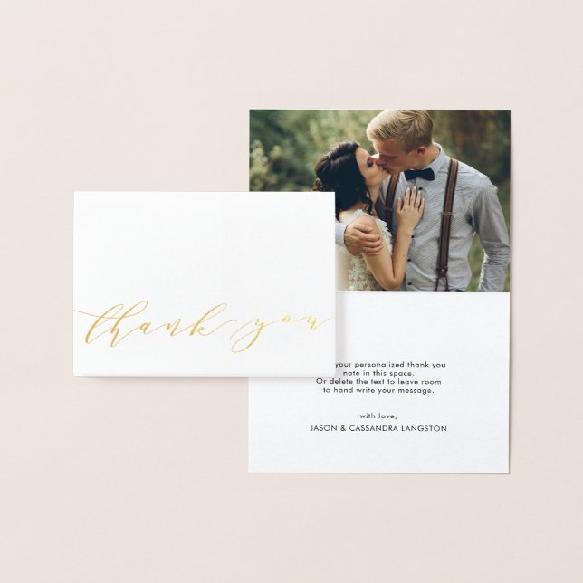 Modern Script Gold Foil Wedding Photo Thank You Card (Display)