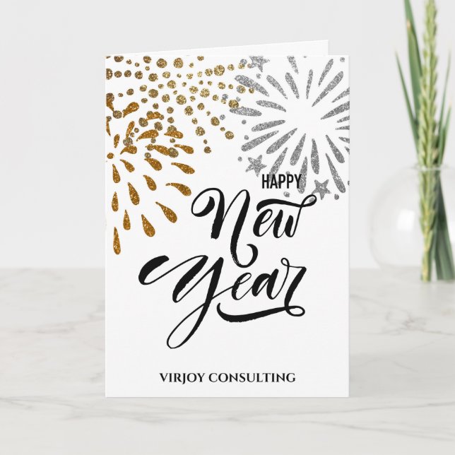 Modern Script Gold Glitter Fireworks Corporate Holiday Card (Front)