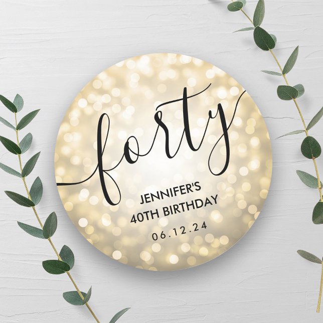 Modern Script Gold Glitter Lights 40th Birthday  Classic Round Sticker (Modern Script Gold Glitter Lights 40th Birthday Classic Round Sticker)