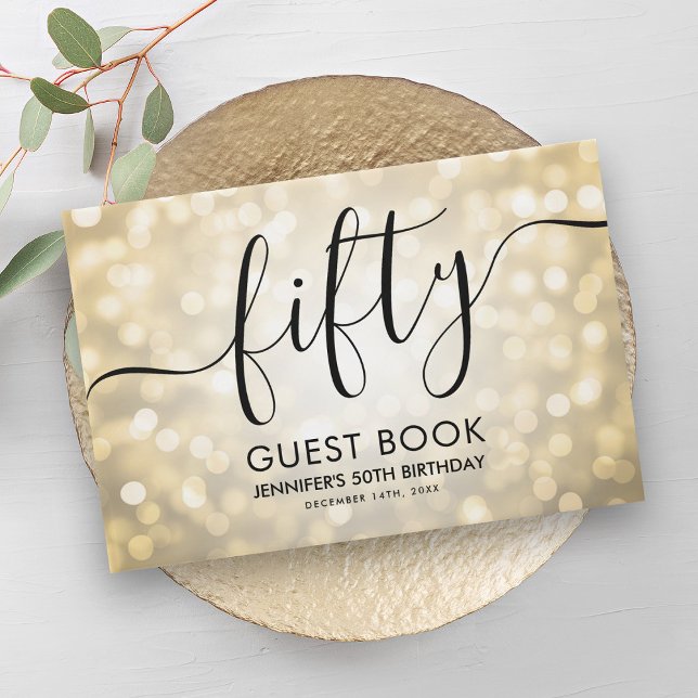 Modern Script Gold Glitter Lights 50th Birthday  Guest Book (Modern Script Gold Glitter Lights 50th Birthday Guest Book)