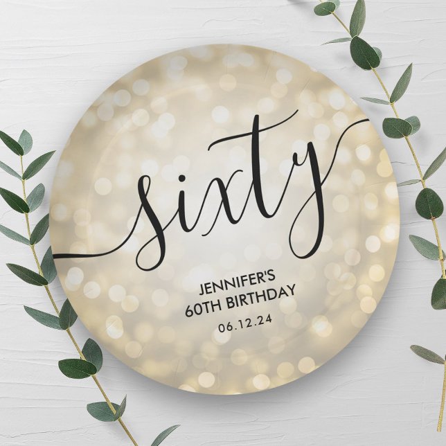 Modern Script Gold Glitter Lights 60th Birthday  Paper Plate (Modern Script Gold Glitter Lights 60th Birthday Paper Plates)