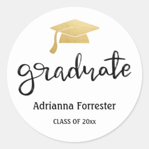 Modern Script Gold Graduate Hat Elegant Classic Round Sticker